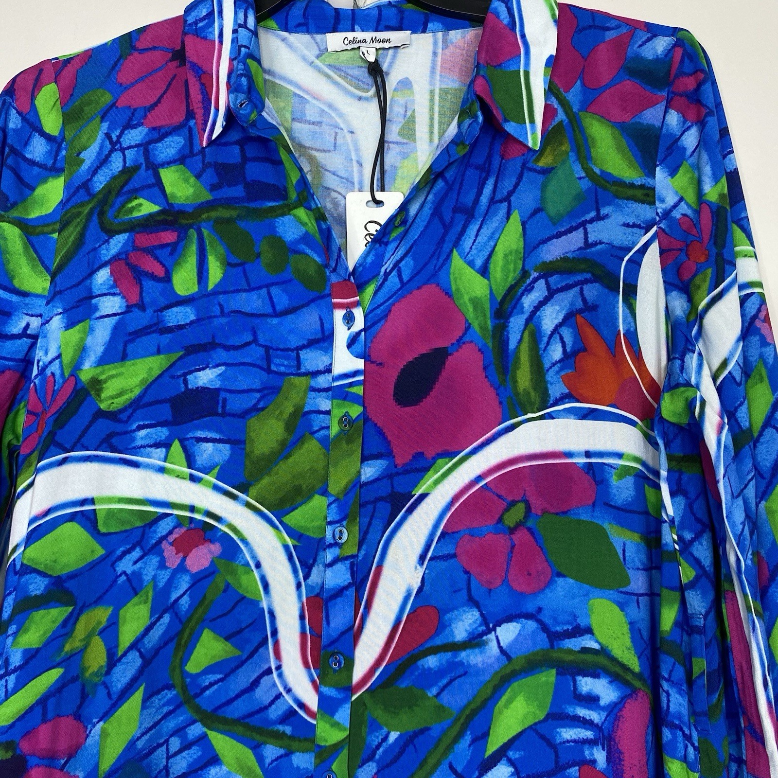 Celina Moon Blue Floral Button Front Midi Dress Pocket Long Sleeve Sz Large