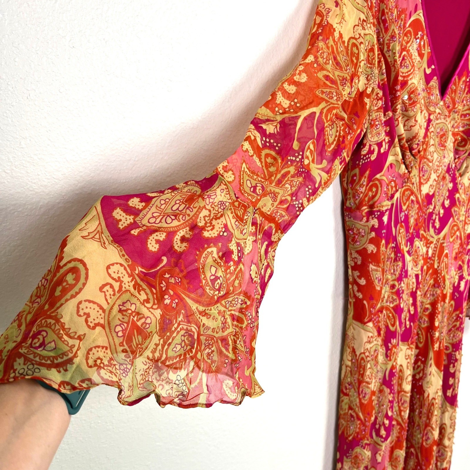 Lane Bryant Silk Paisley Sequin V-Neck Bell Sleeve Long Dress Size 16 Boho Fairy