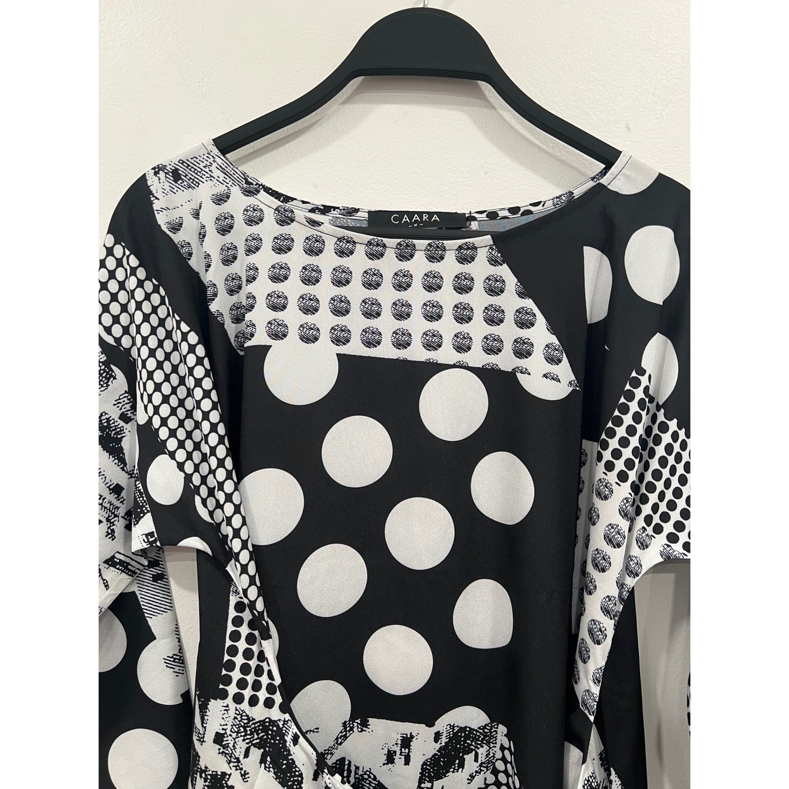 CAARA Midi Dress Womens Medium Black White Polka Dot Tie Waist ModiChic Office