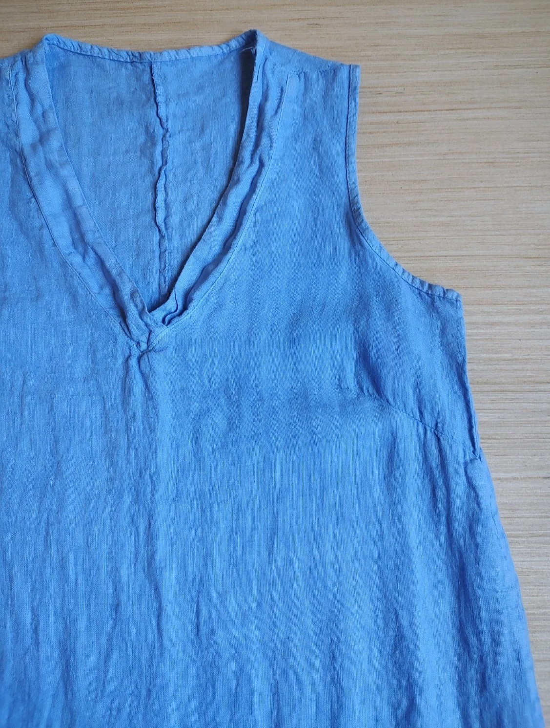Francesca Bettini Midi Periwinkle Blue 100% Linen Dress Ruffle Hem V Neck Size M