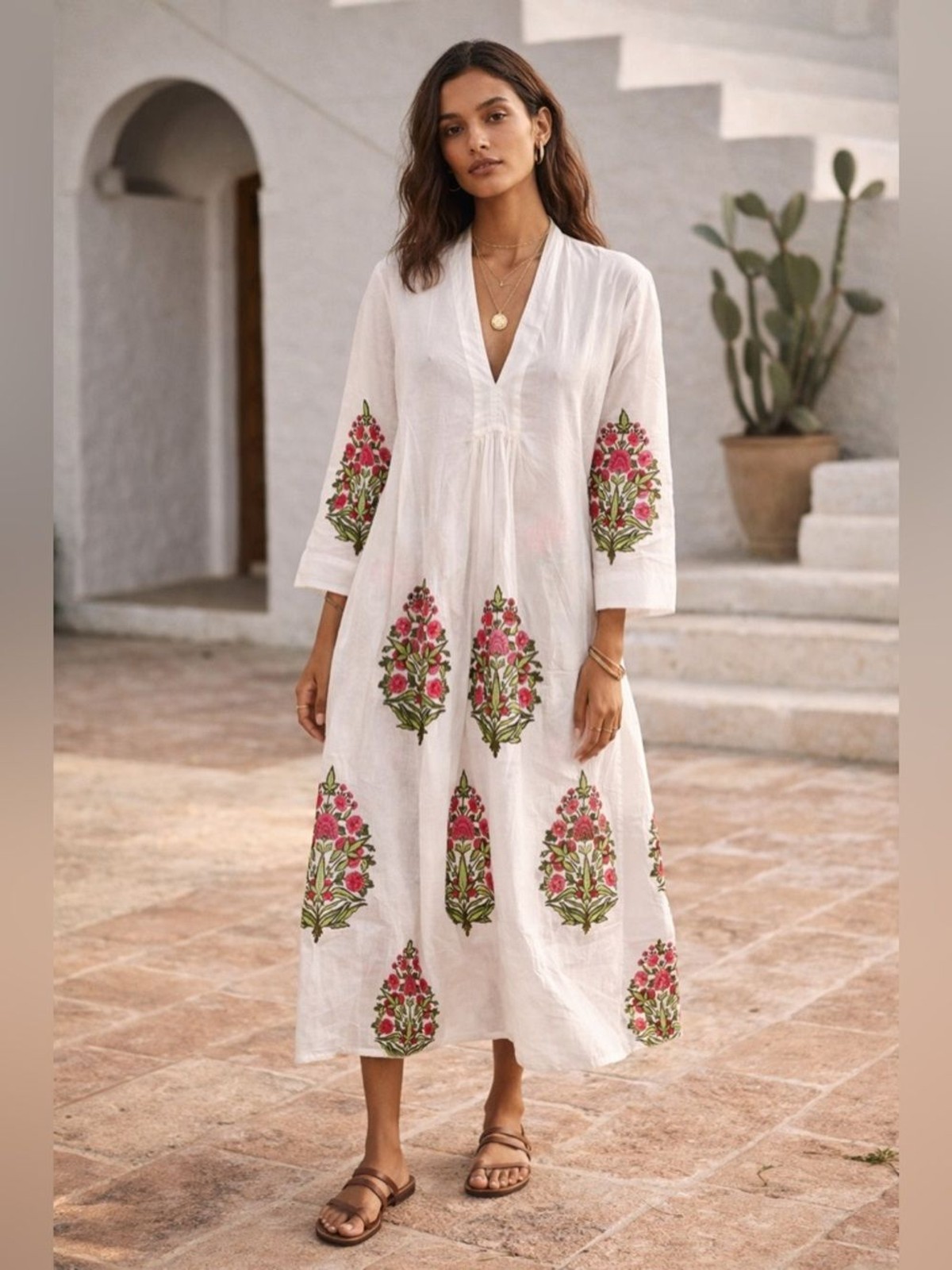 New‎ Ama Nomad White Floral Kaftan Maxi Dress Prairie Bohemian Peasant