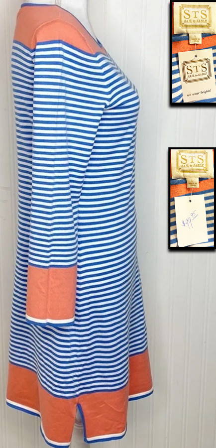 NWT! SAIL TO SABLE BLUE WHITE CORAL NAUTICAL STRIPED COTTON KNIT BLEND DRESS L !
