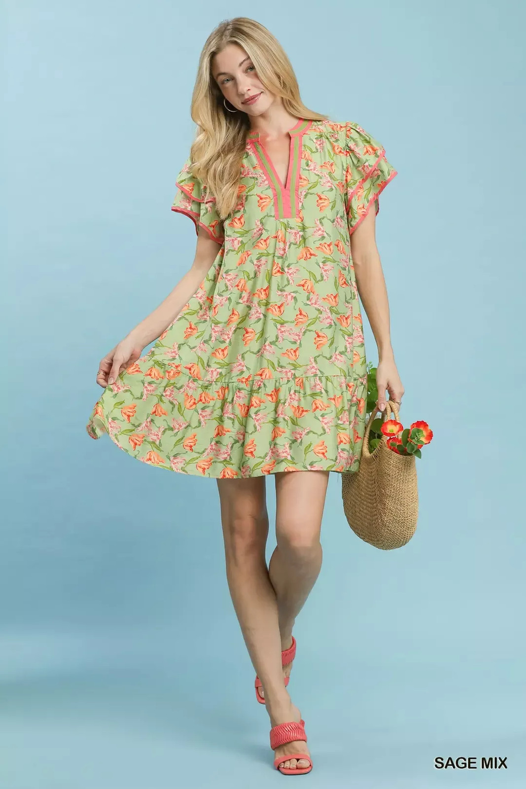 Umgee Floral Flutter Sleeve Tiered Dress
