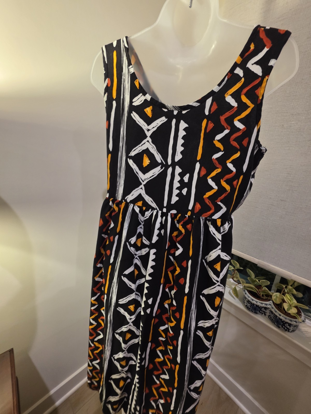 Midi Sun Dress Black Orange White Geometric Print Sleeveless M VTG