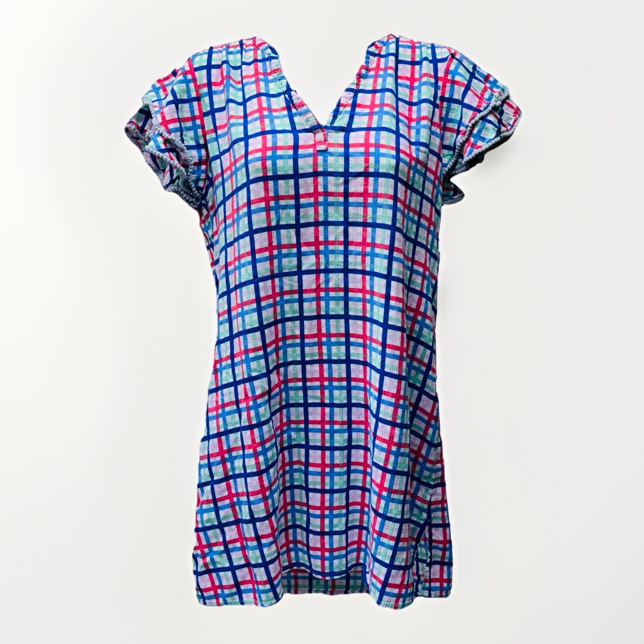 HIHO Tortola BVI Sz M Multicolor Plaid V-Neck Pom-Pom Sleeve Shift Dress •FLAWS‼