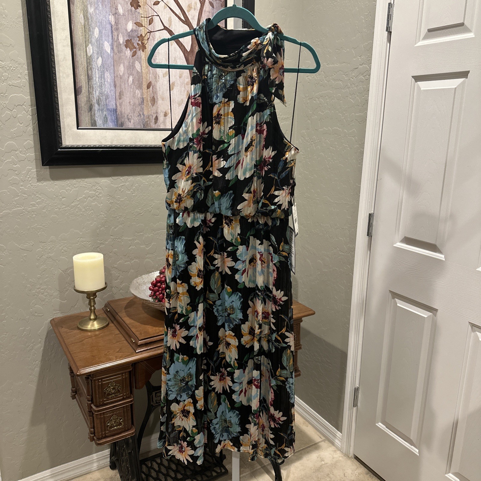 Adrianna Papell Halter Floral Ankle Dress, Black Multi, Women’s Size 12