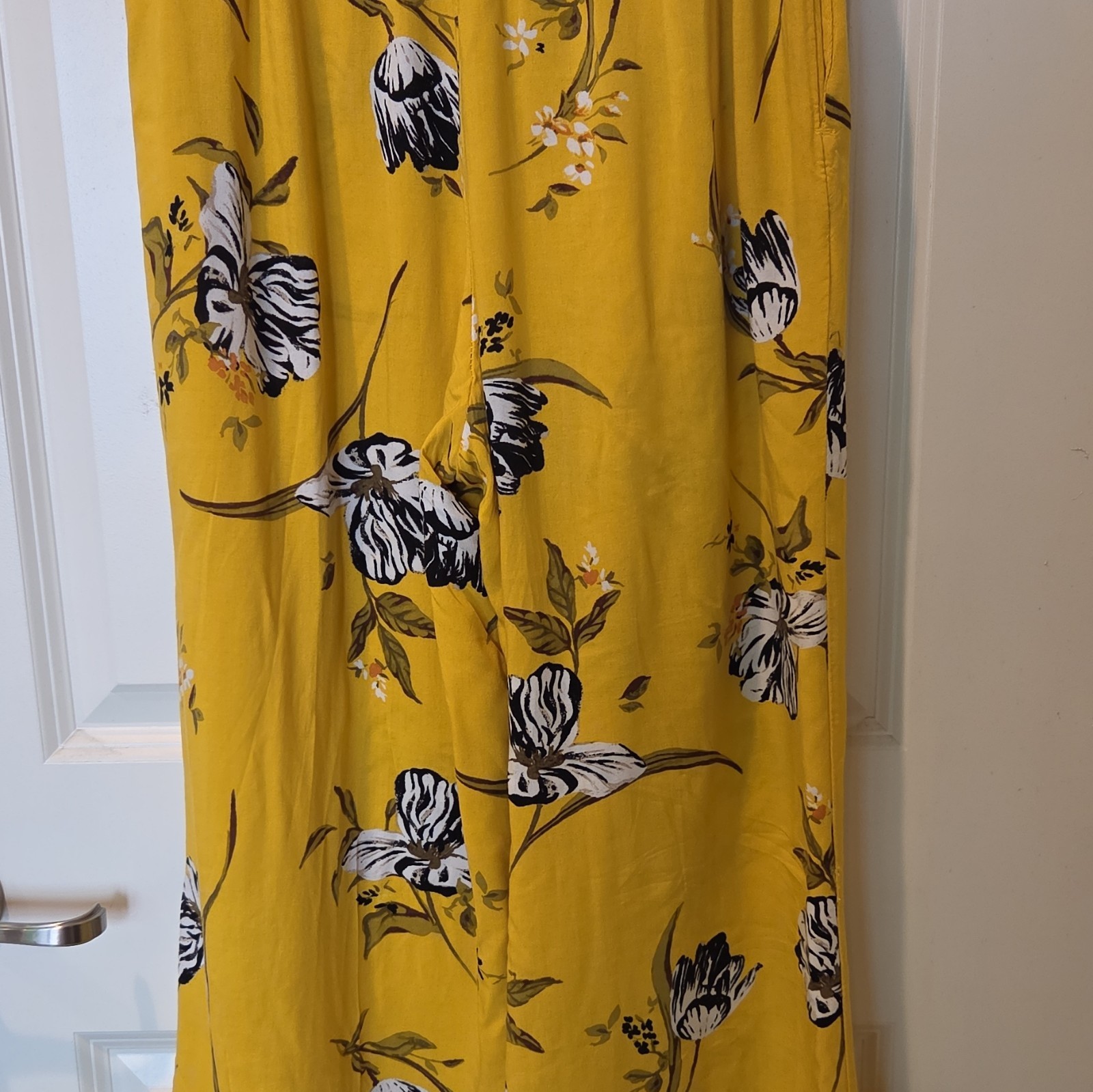 New Look Womens S Yellow Black White Floral Palazzo Pant Tie Accent G32