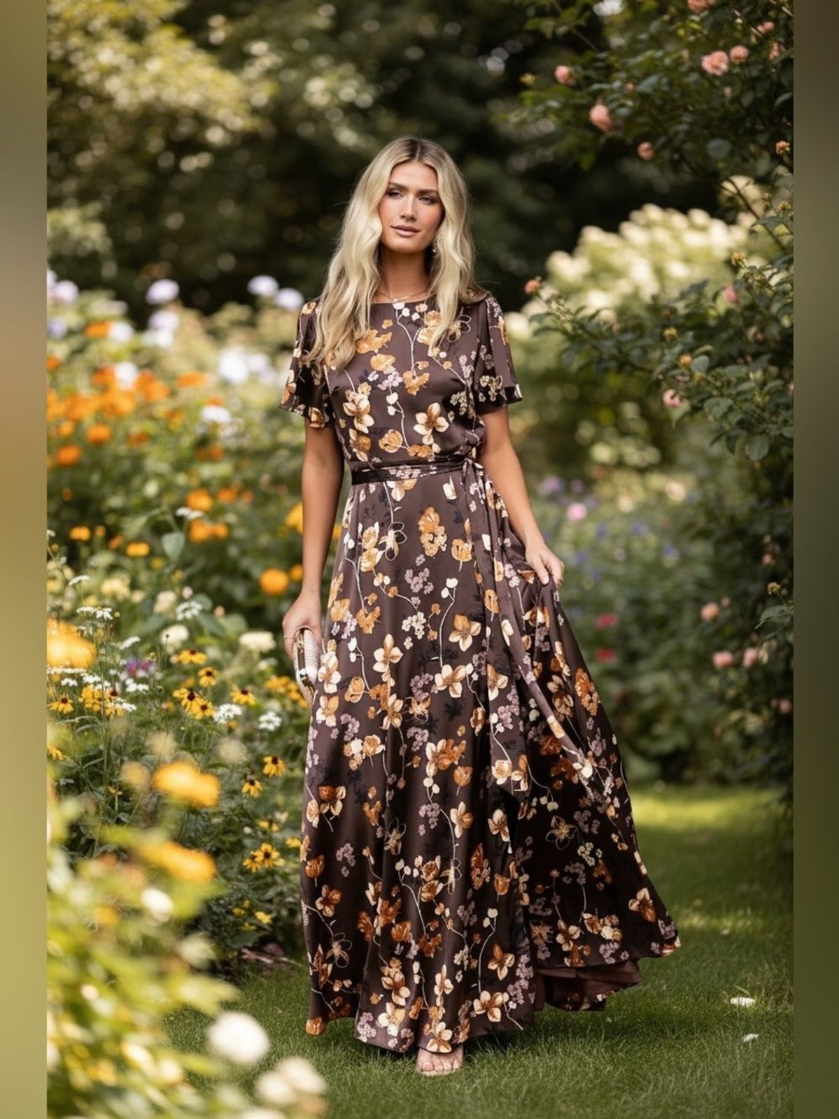 Baltic Born Brown Agnes Satin Maxi Dress Floral Romantic Cottagecore Elegant XL