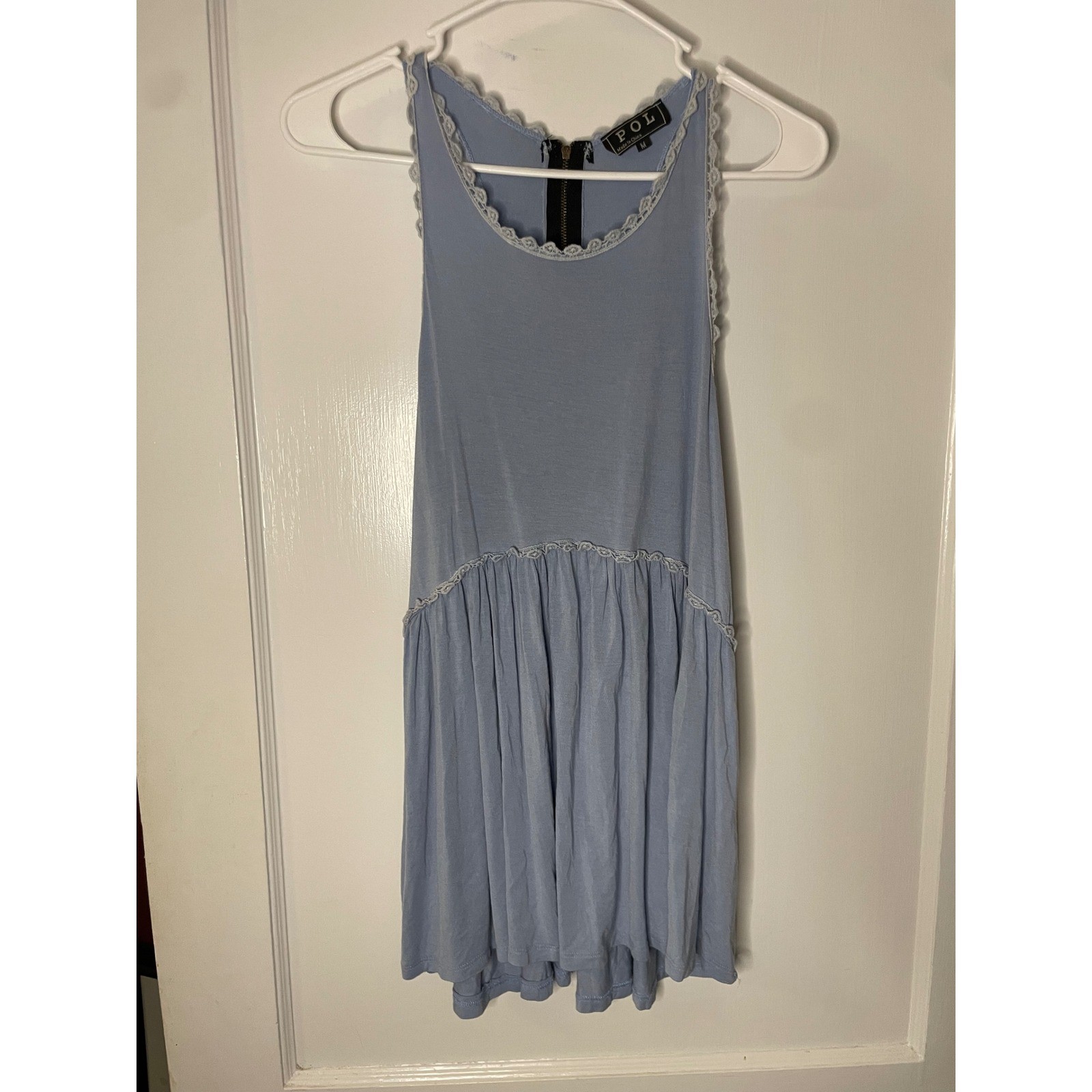 POL Women’s Medium Blue Sleeveless shirt Casual Lace Trim Detail Flapper Style