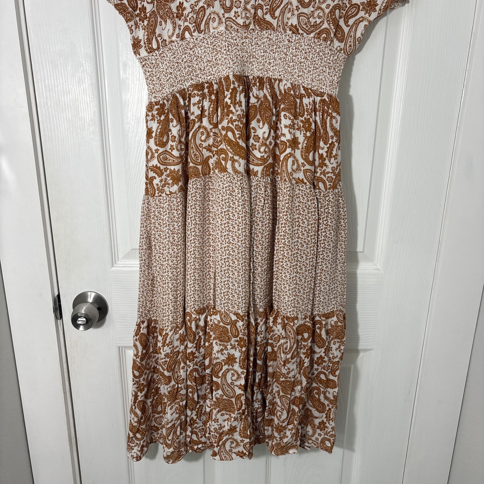 J GEE Rust Orange White Floral Bohemian Maxi Dress Lined V-Neck Flutter L Womens
