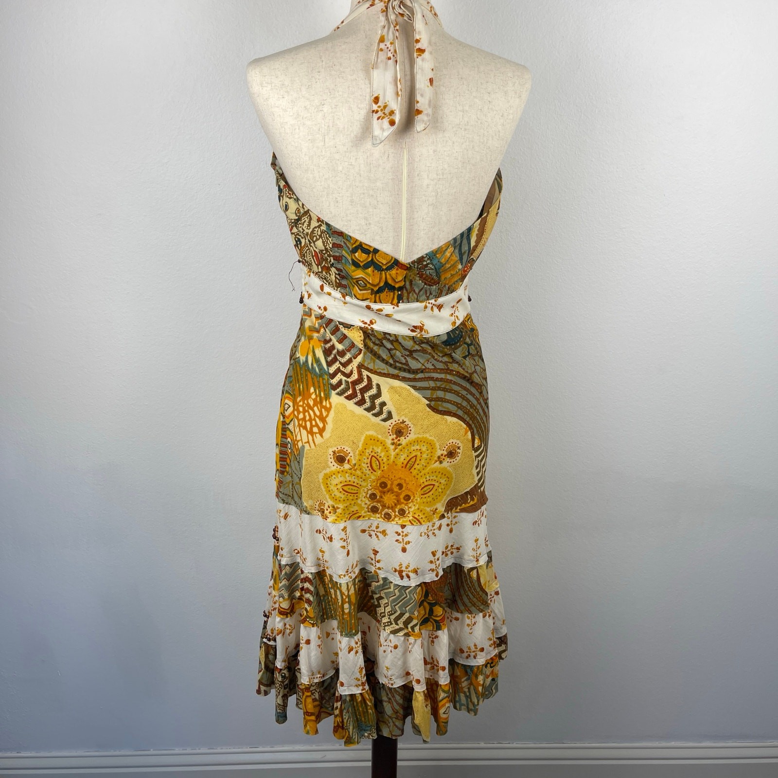 Alberto Makali Halter Cotton Brown Yellow Printed Beaded Boho Dress Women’s 8