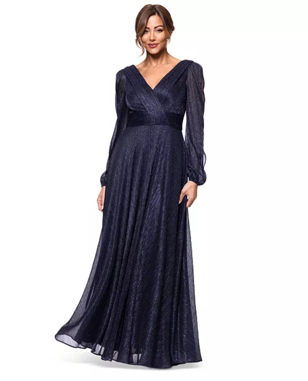 Betsy & Adam Long-Sleeve V-Neck Crinkle GownSz12 $289 (A33)