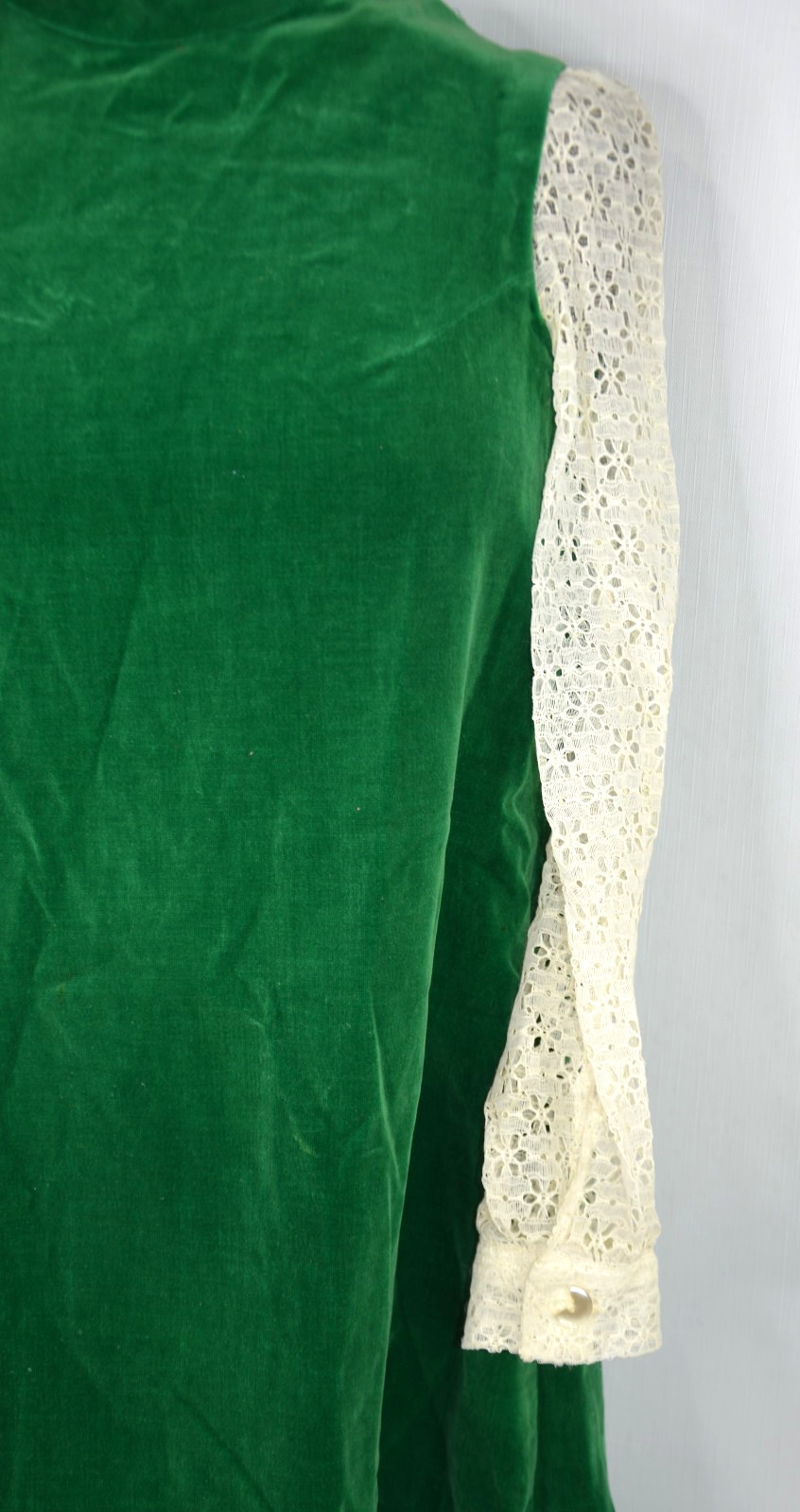 Mod Go Go Green Velvet Mini Dress Vintage 60s Mid Shift XS Lace Holiday A-Line