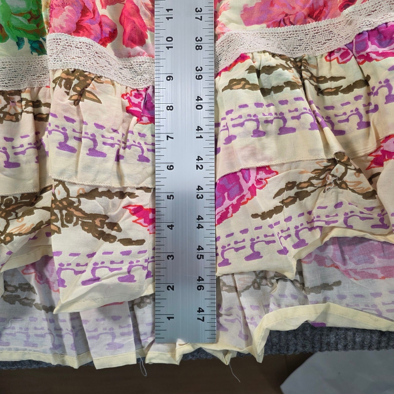 POL Womens Floral Patchwork Tiered Maxi Dress Smocked Waist Lace Trim Multi S