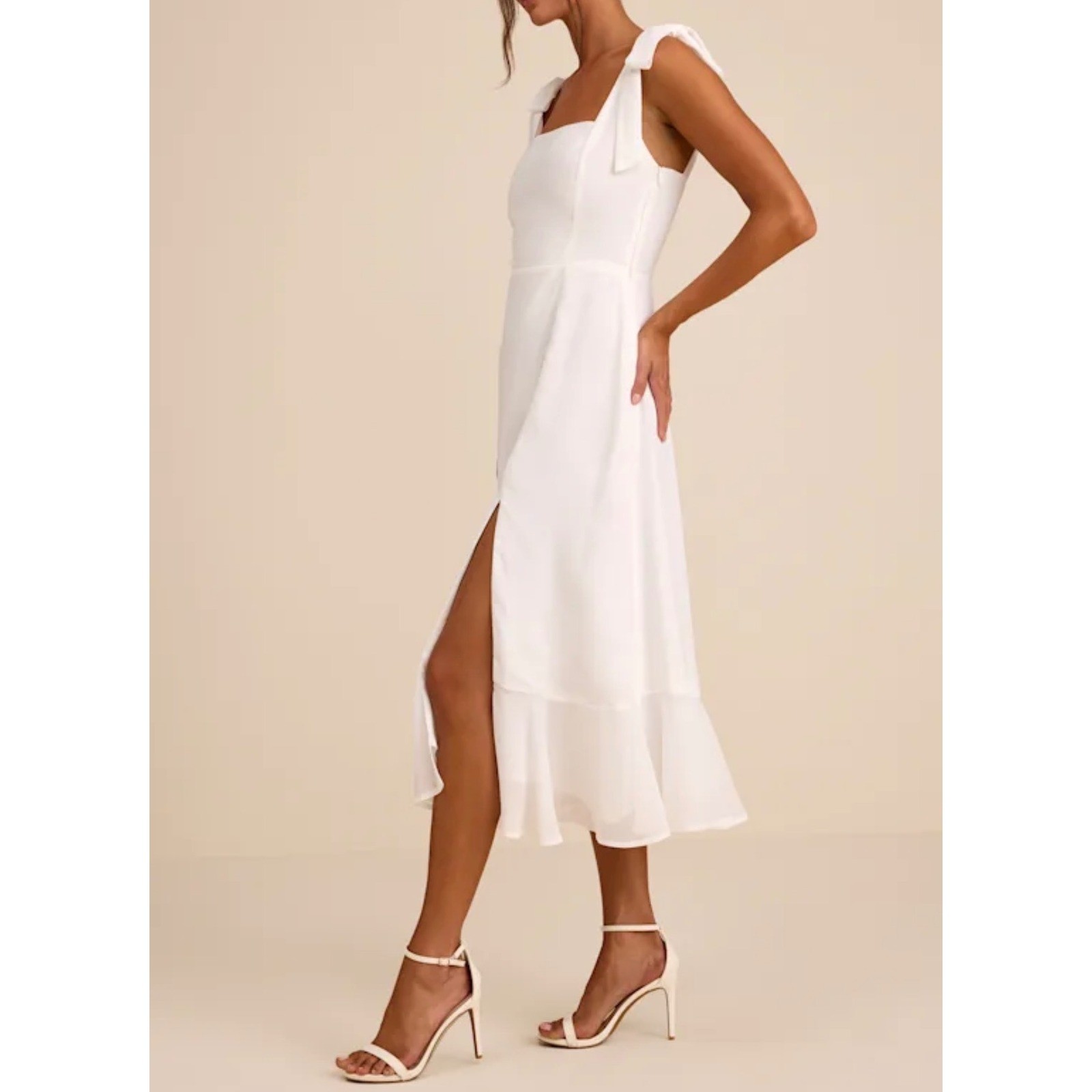 Lulus Summer Invite White Tie-Strap Tiered Midi Dress XL Smocked Slit Ruffle NEW