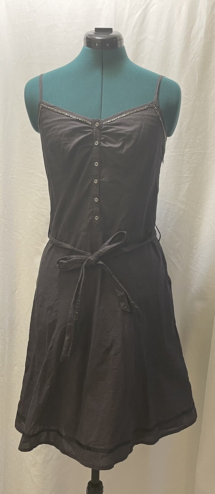 Esprit Beaded Neckline Button Tie Belt Gray A-Line Dress Size 4 See Pictures