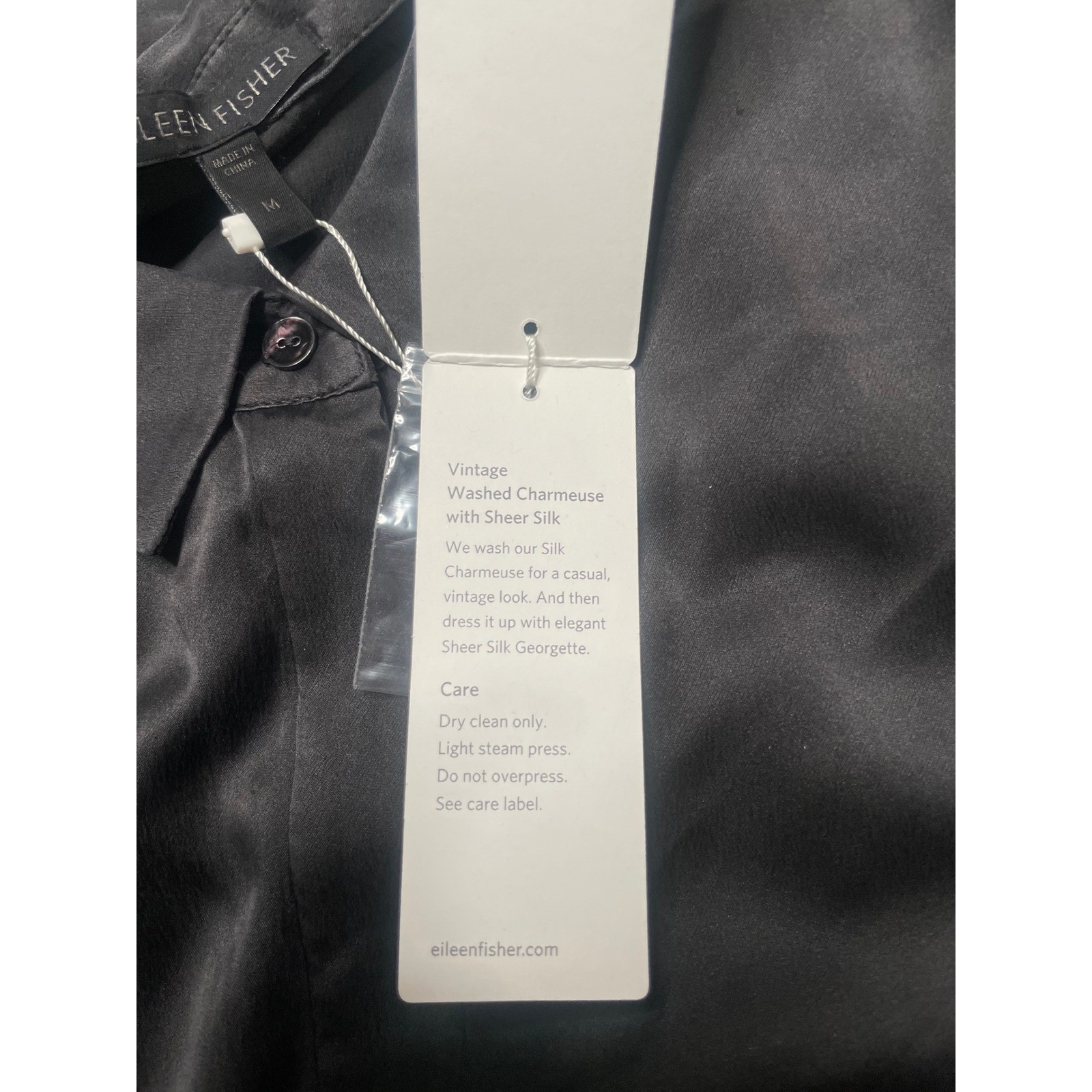 NWT EILEEN FISHER Black Silk Sheer Georgette Mandarin Collar Long Shirt Dress M