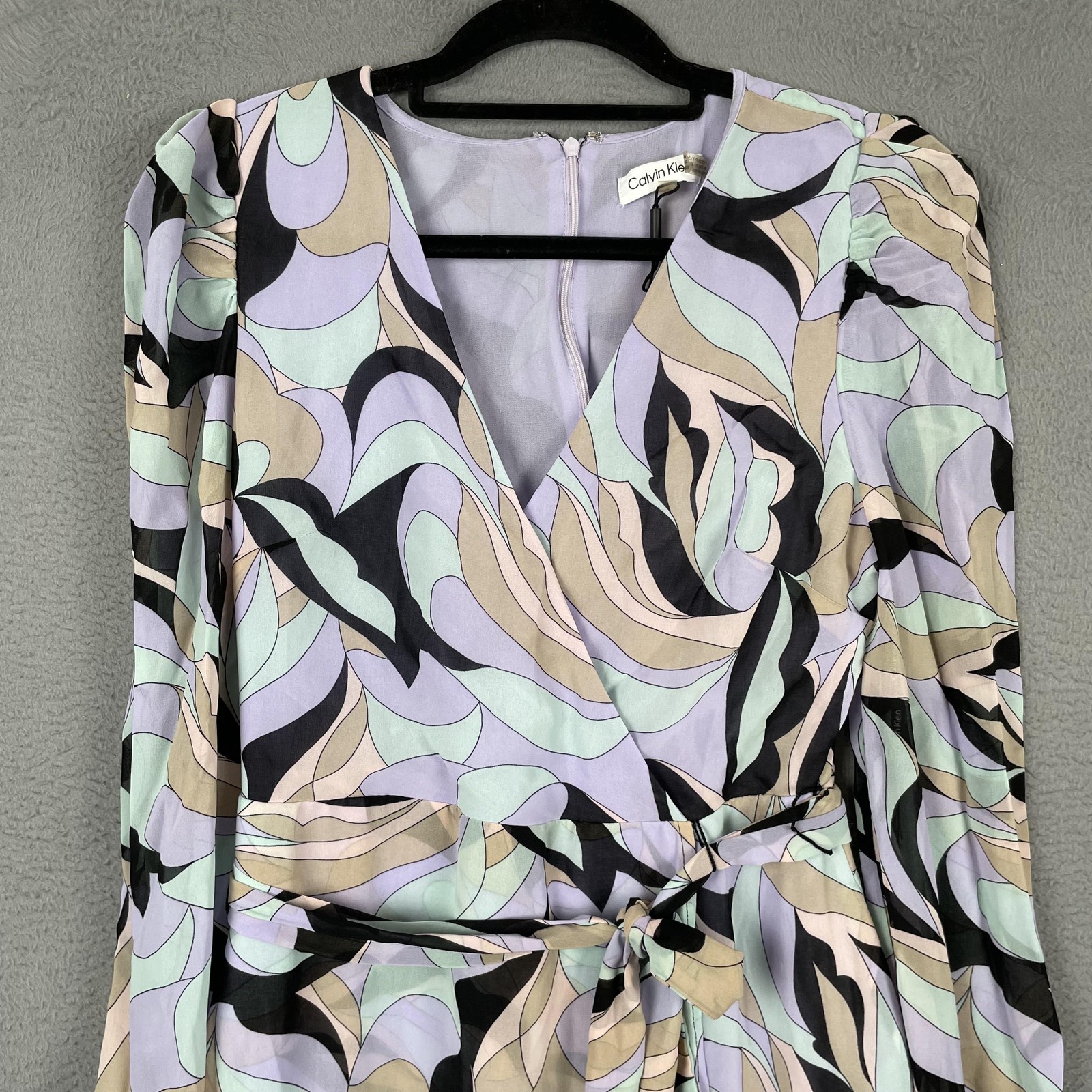 Calvin Klein Dress Womens 4 Purple Wrap Asymmetric Chiffon Puff Sleeve Belted
