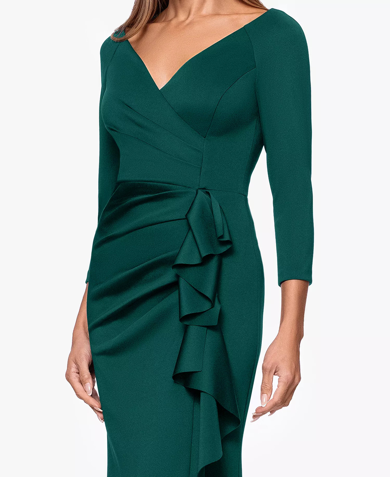 Xscape Ruffled Gown Cascading Ruffle 3/4 Sleeve Ruched 12 Pine Green NWT $159