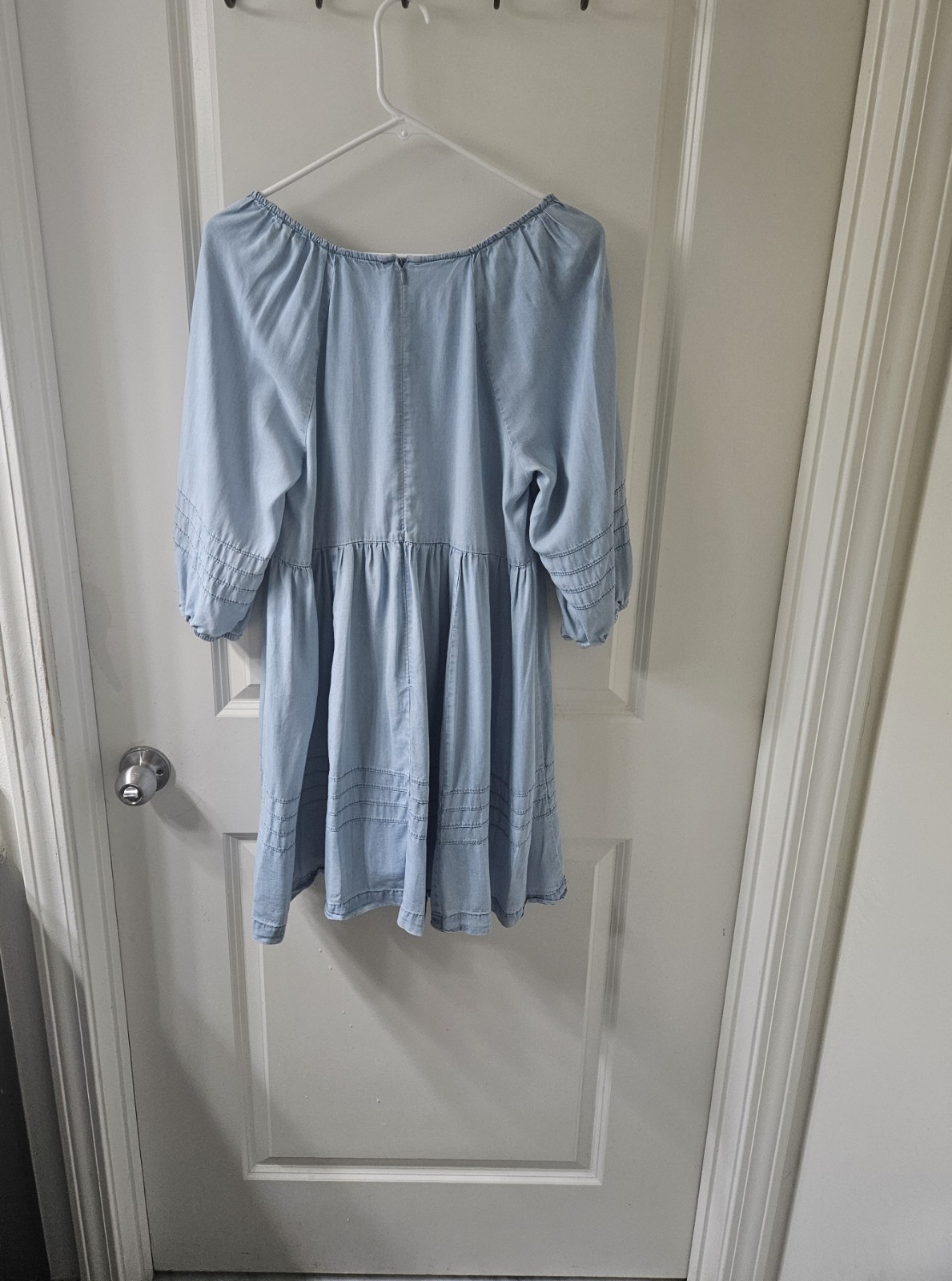 FOREVER 21 Denim Mini Dress Blue Solid V-Neck 3/4 Puff Sleeve Smocked Zip M
