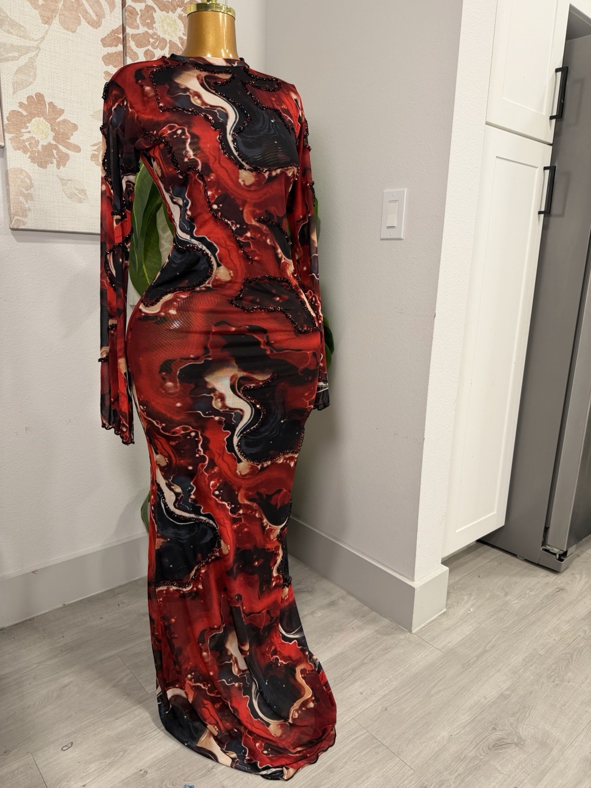 Women’s Mesh Sheer Stretch Beaded Bodycon Maxi Dress S Red/Black Abstract