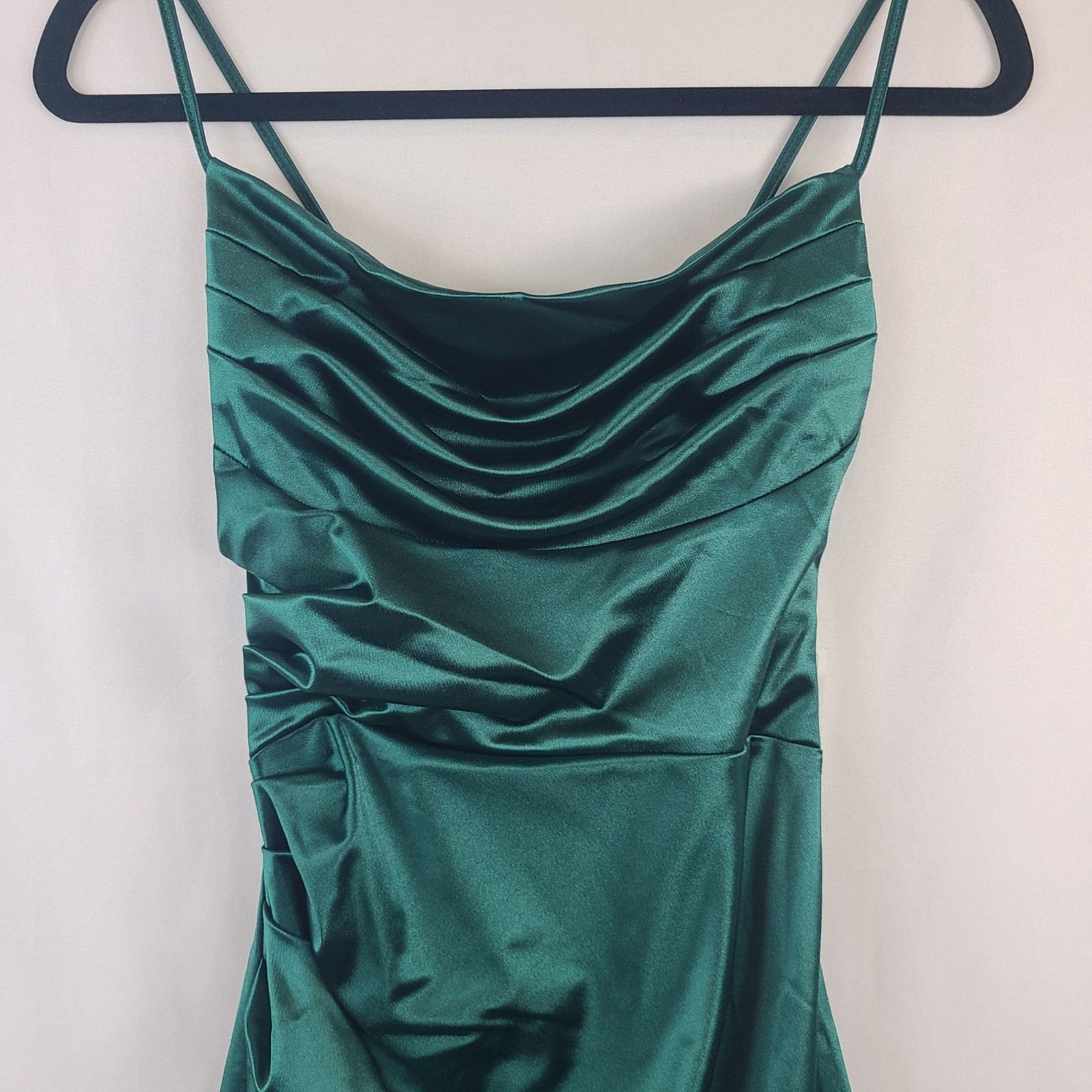 NEW B Darlin Green Satin Ruched Maxi Dress Spaghetti Straps Lace-Up Back Sz 5/6