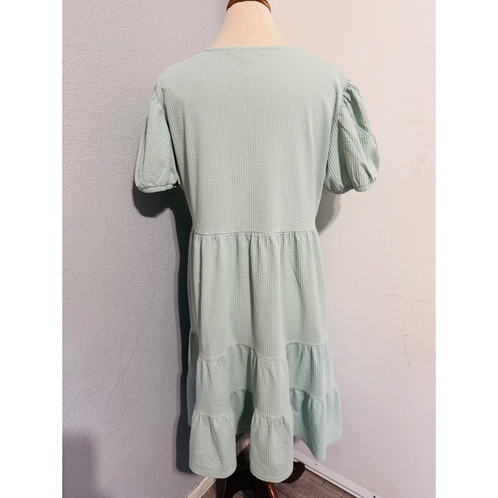 Downeast Cotton Blend Dress Size L Sage Green Ribbed Tiered Babydoll Mini Dress