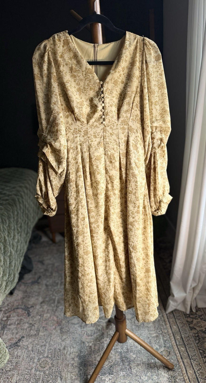 Dazy Floral Button Midi Dress Beige Brown V-Neck Long Sleeve S