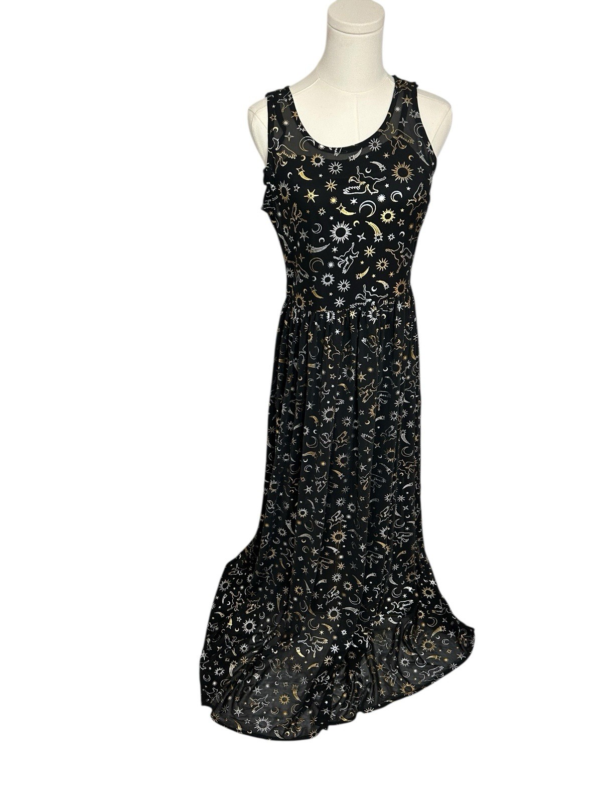 Cosmic Aura Astrology Celestial Stars Moon Foil Mesh Maxi Dress Sz M Black Gold