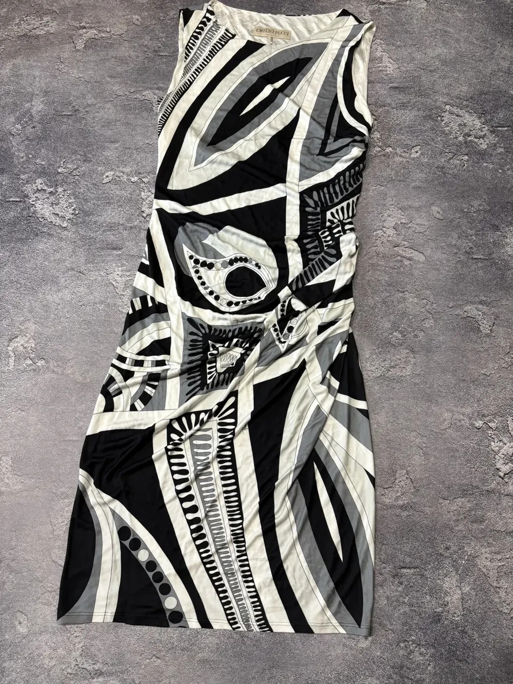 Emilio Pucci Luxury Abstract Geometric Print Ruched Dress Womens Size I46