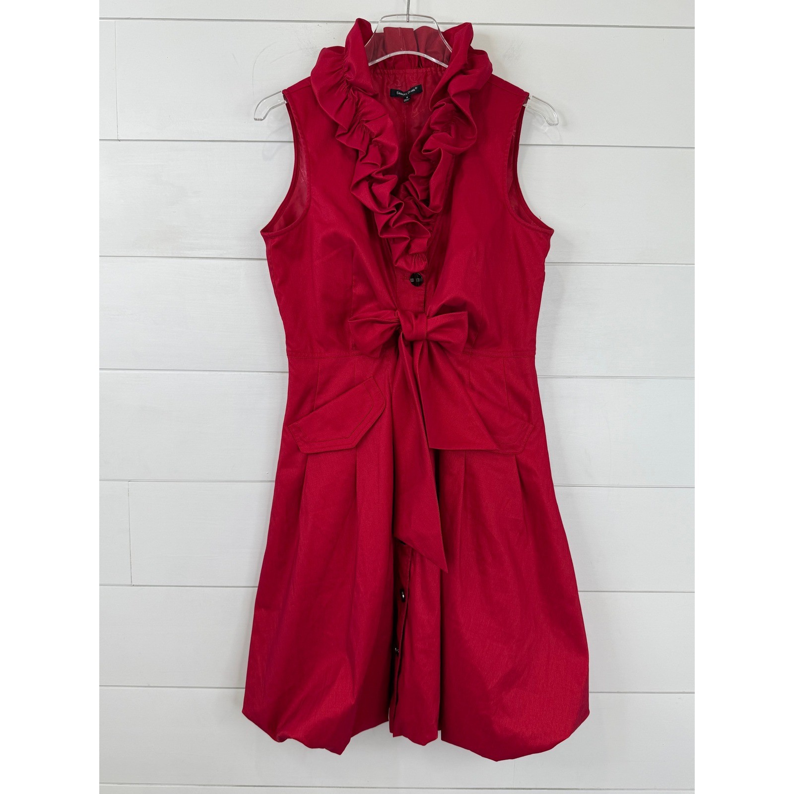 Samuel Dong Red Sculptural Ruffle Bubble Hem Dress Bow Pockets Size M