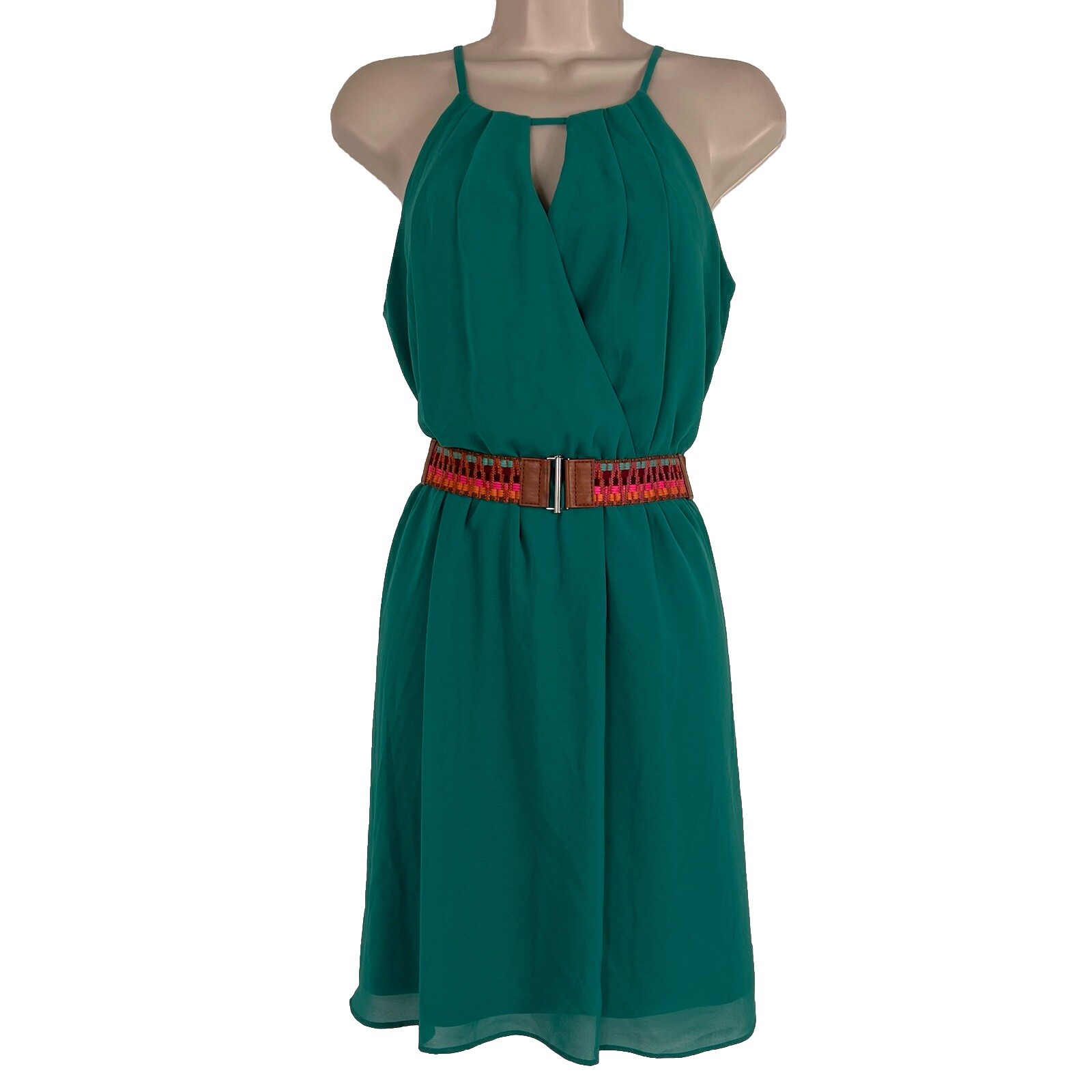 New BCX Dress Women’s Medium Sleeveless Belted A-Line Above Knee Pleated Chiffon
