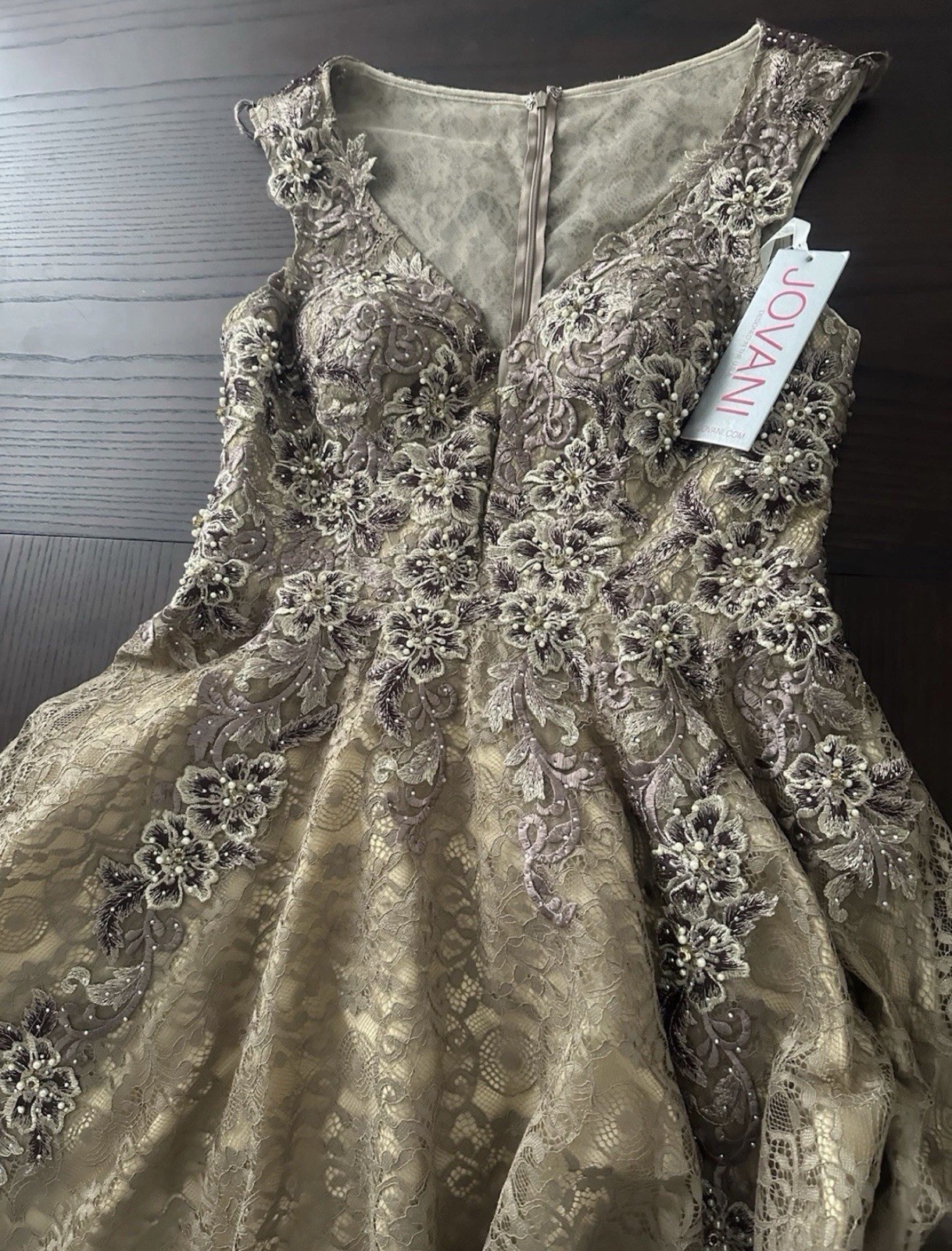 Jovani – Embellished Lace A – Line Evening Gown Taupe Size 14