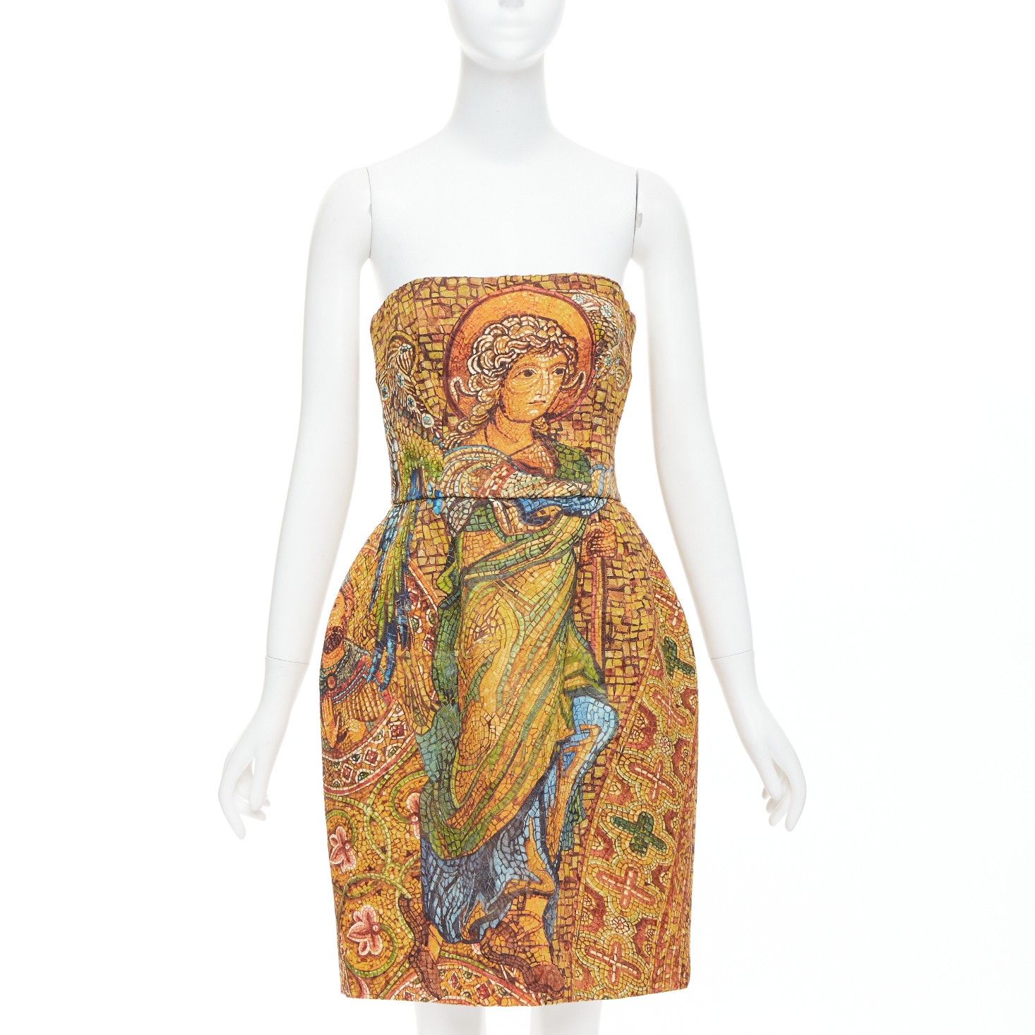 rare DOLCE GABBANA 2013 Runway gold Byzantine mosaic stain glass dress IT36 XXS