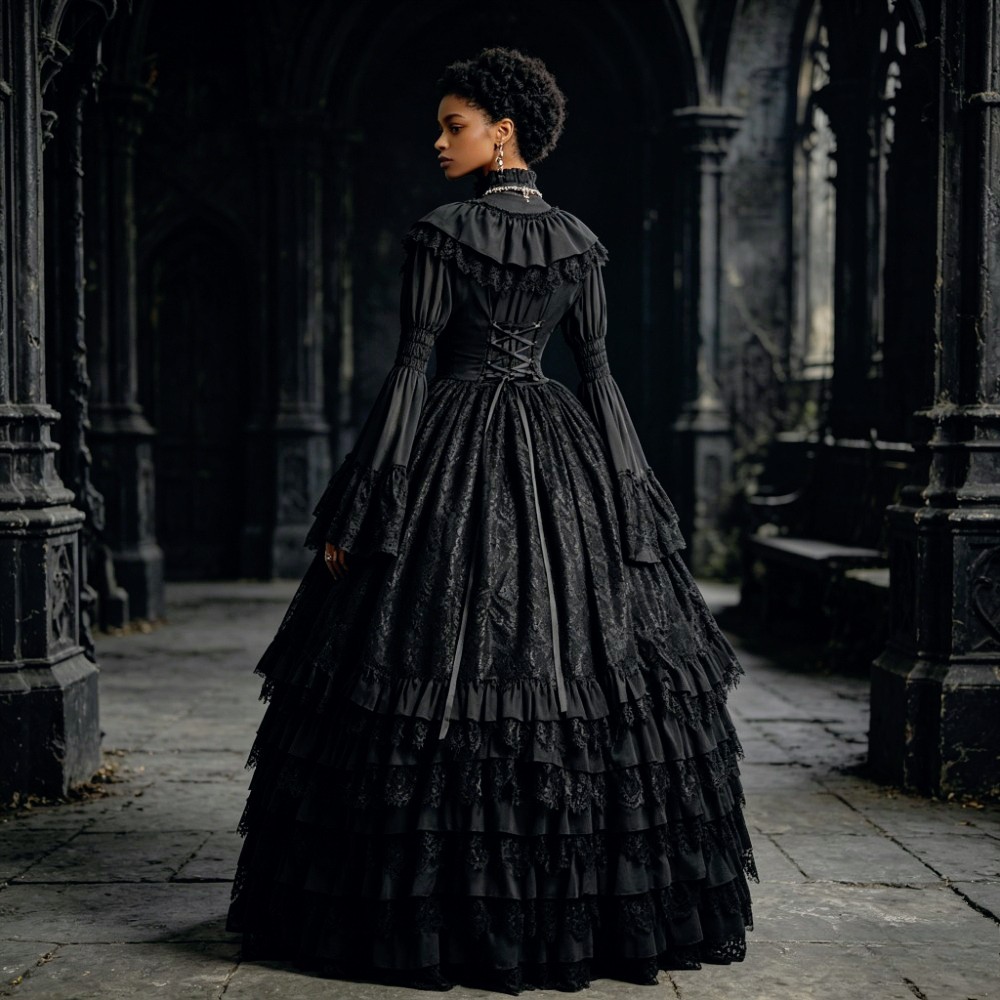 Gothic Black Prom Dresses Medieval Victorian Tier Column Ruffles Lace for Party