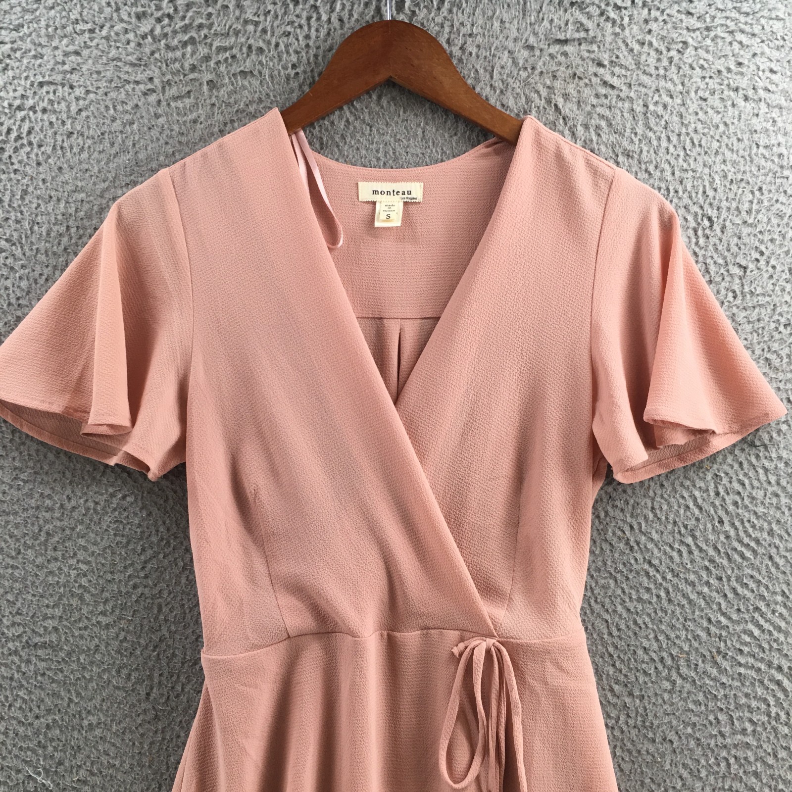 Monteau Fit & Flare Wrap Dress Womens Small Pink Short Sleeve Tie Waist Casual