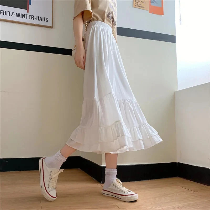 2025 Summer New Two-Tier Ruffle Cake Skirt Fairycore High Waist Women’s Midi Sk