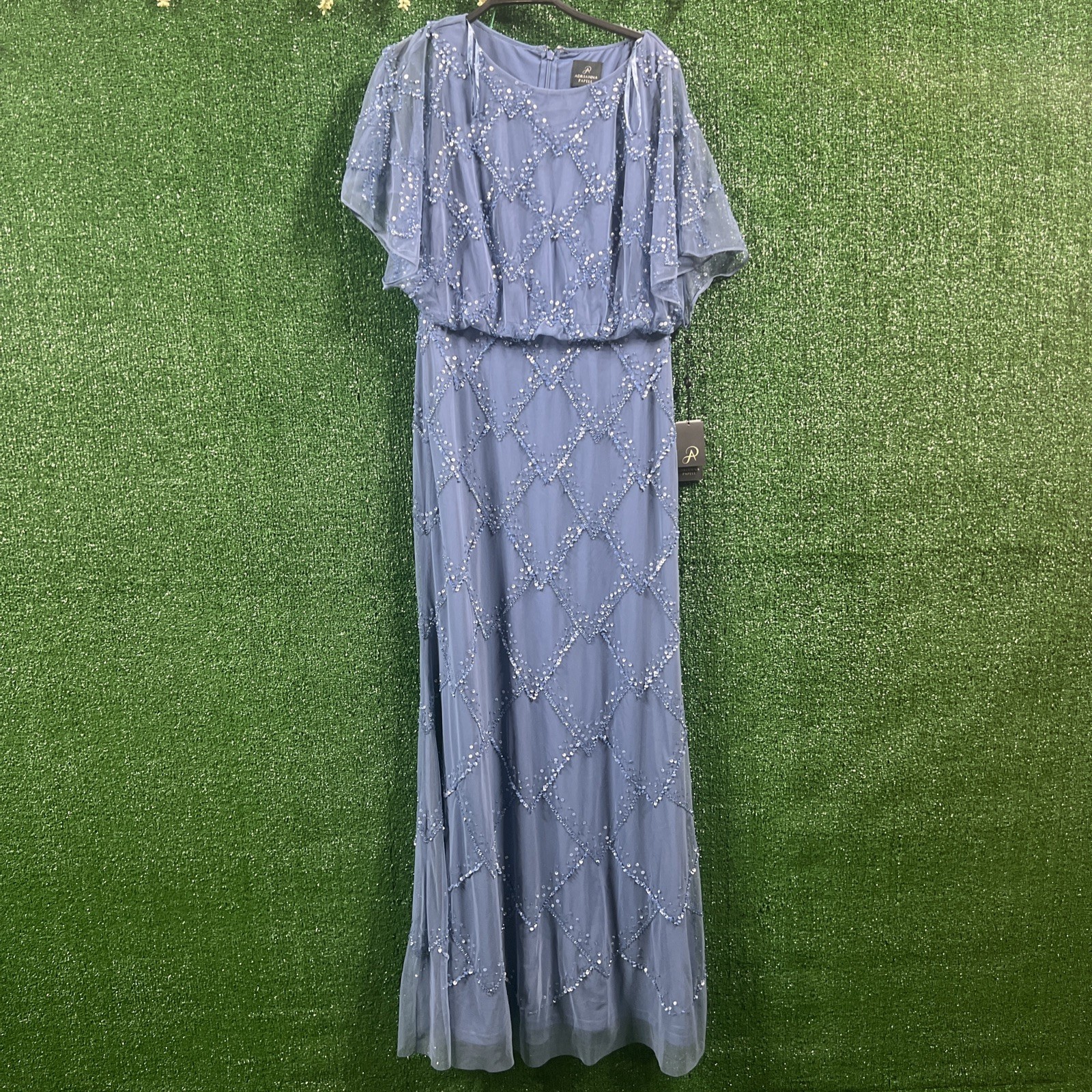 ADRIANNA PAPELL Hand-Beaded Blouson Gown With Flutter Sleeves French Blue Sz10