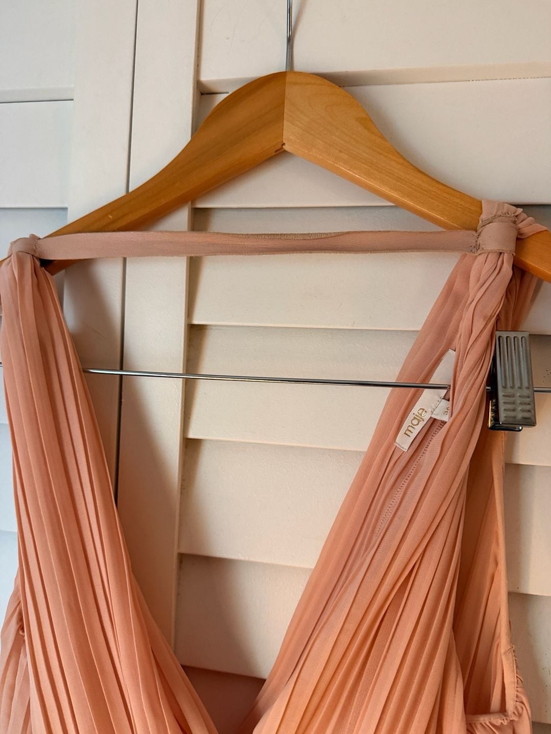 Maje Peach Pleated V-Neck Sleeveless Midi Dress