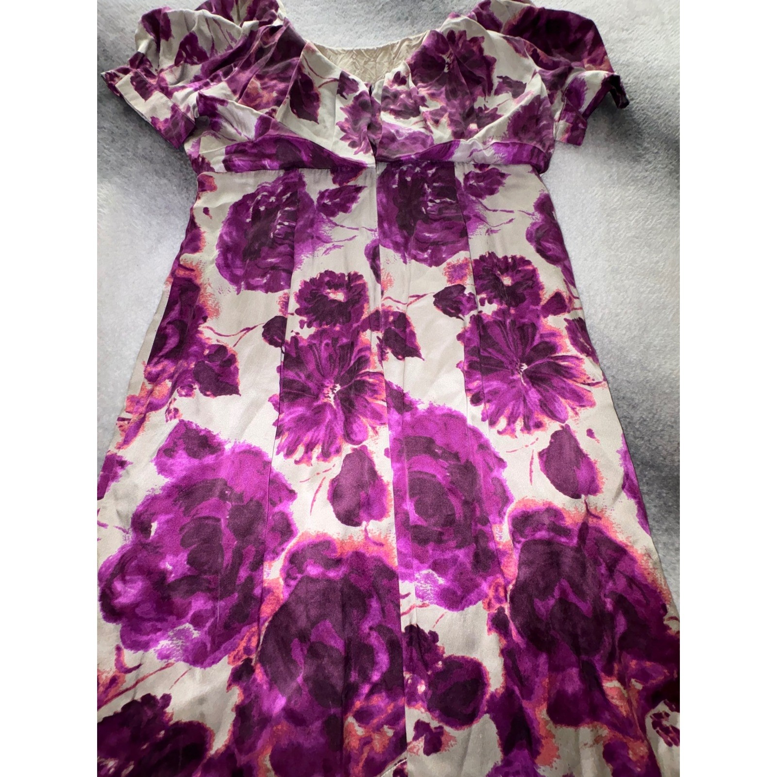 (B5) Moda International Silk Purple Floral Rose Puff Sleeve Midi Dress 14 NWOT