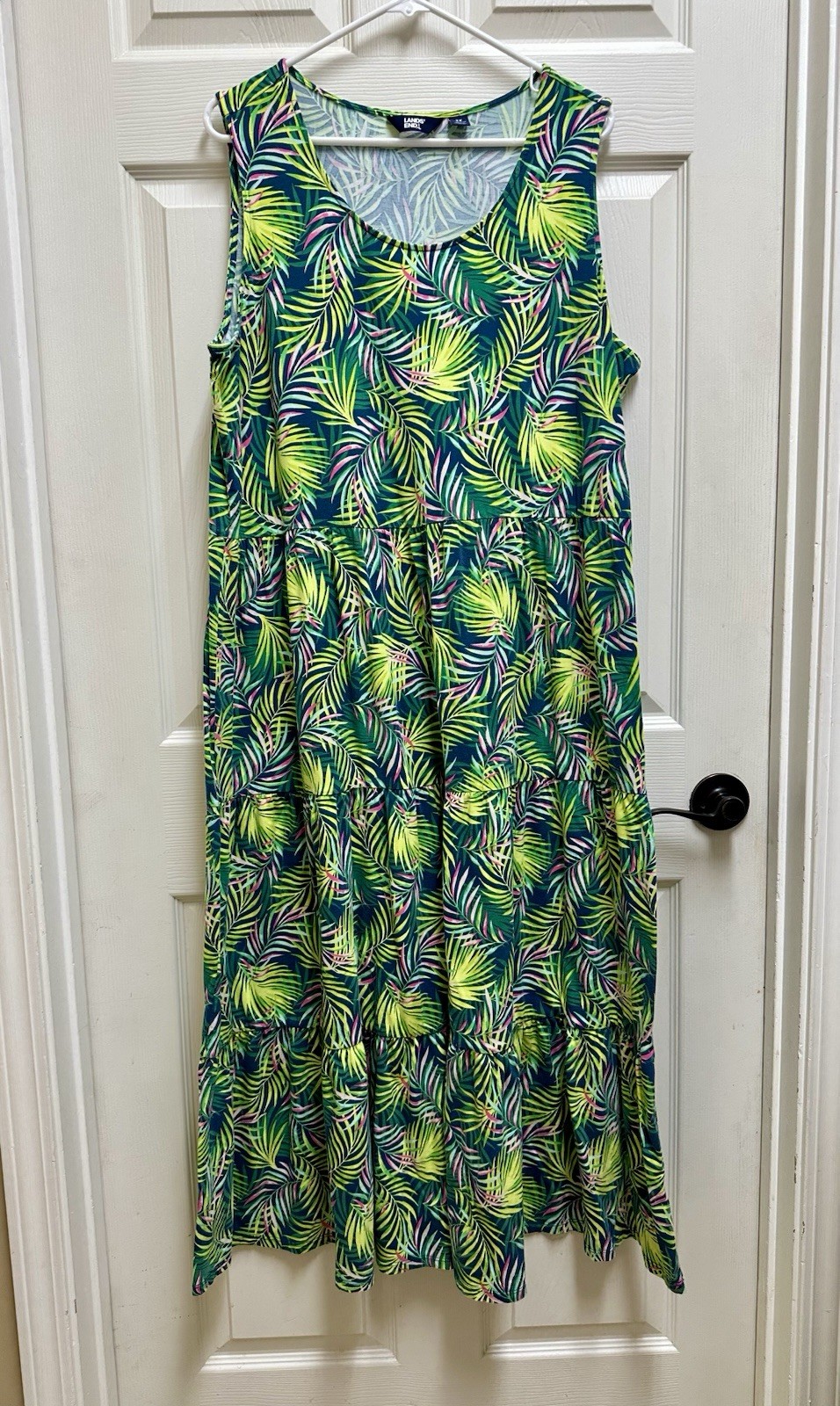 Lands End Tiered Maxi Dress Sleeveless 2X 20W-22W Palm Print Stretch Beach