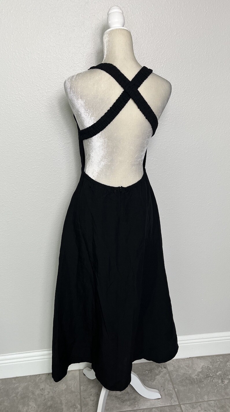 ASTR Valenz Linen Blend A Line Square Neck Criss Cross Back Midi Dress Black M