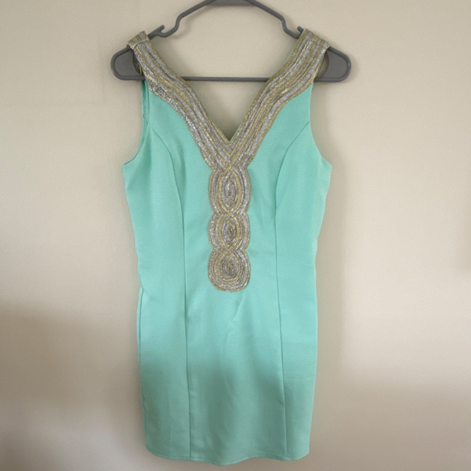 Pink Lily Mint Green Shift Dress S Sleeveless Metallic Trim Gold Silver