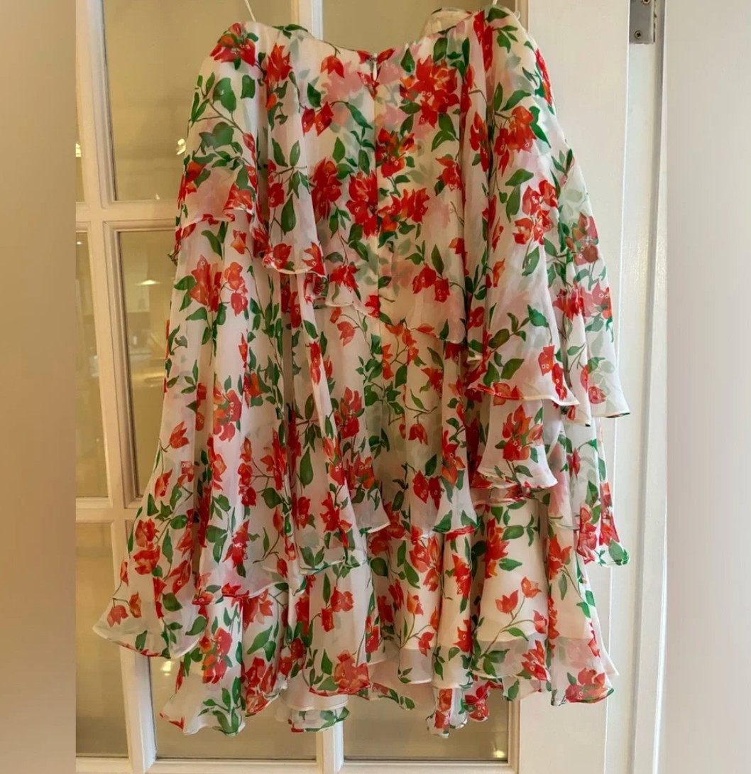 Caroline Constas Cleopatra Floral Print Strapless Ruffle Mini Dress White/Red -M