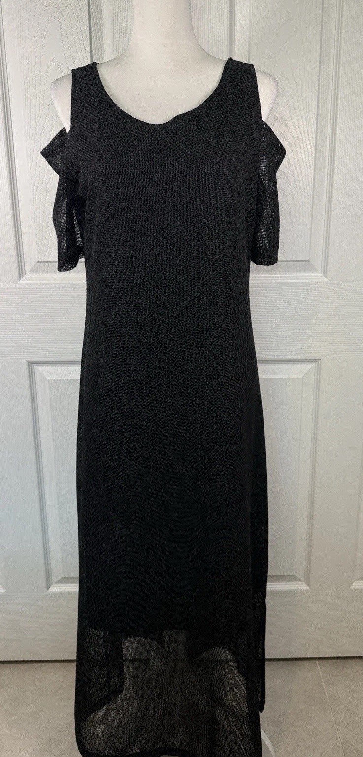 Designer Black Cold Shoulder Maxi Dress Boho Side Slit Resort Vacation Relaxed✨