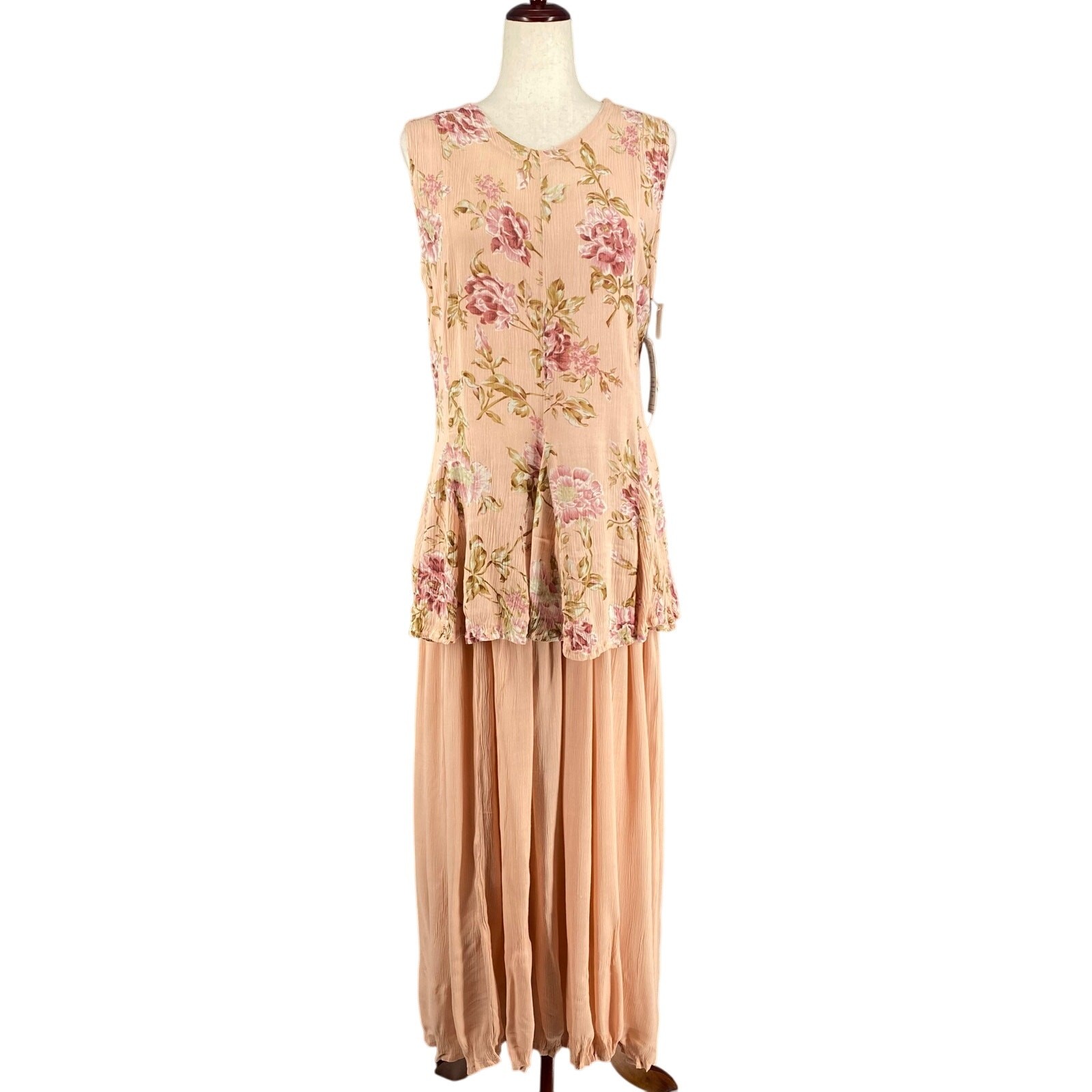 Vtg 90s NOS Victorian Romantic Boho Rose Floral Crinkle Rayon Maxi Dress M