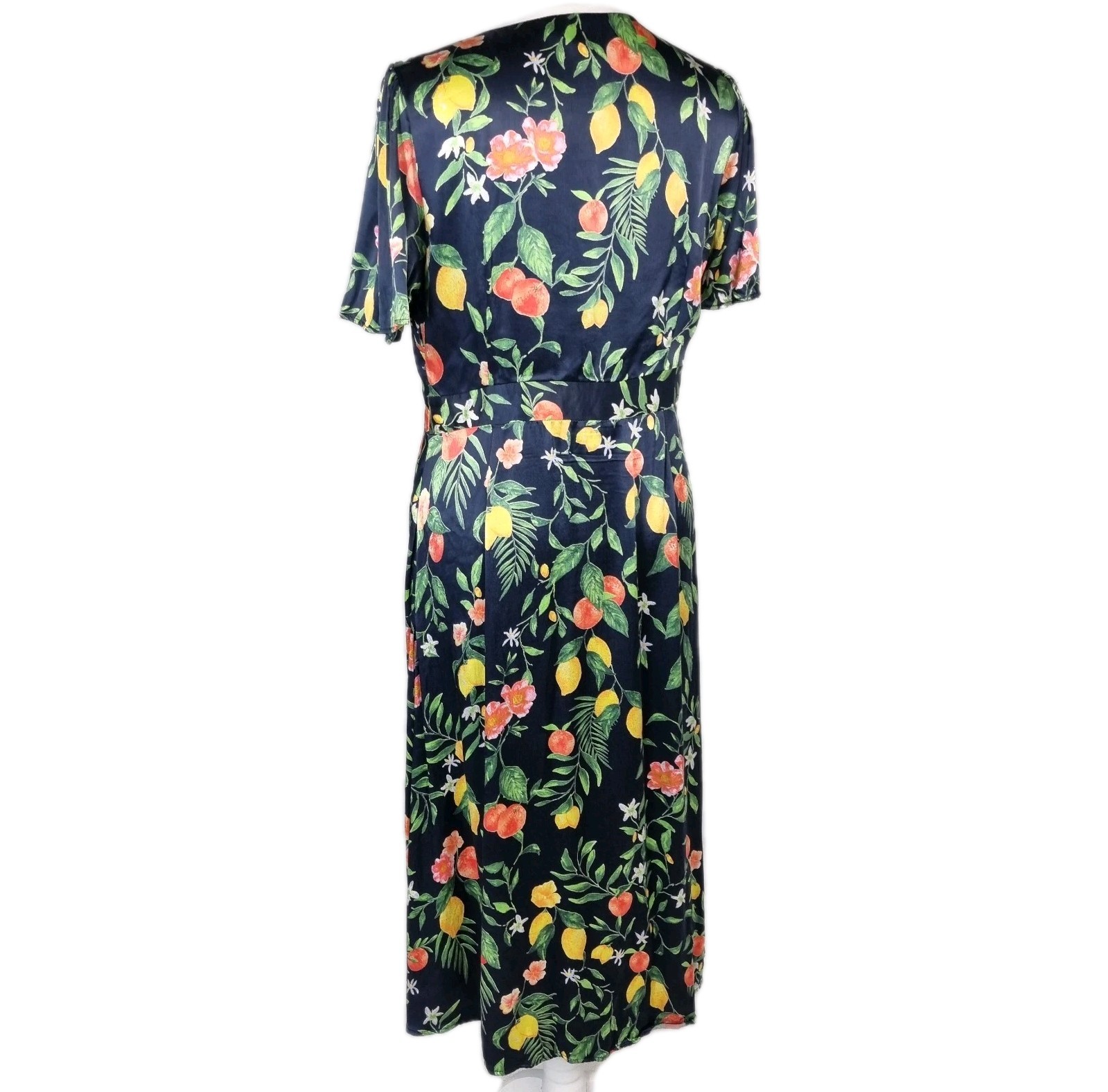 Monsoon Fruit Print Wrap Midi Dress UK 14 Navy Lemon Floral Tea Dress