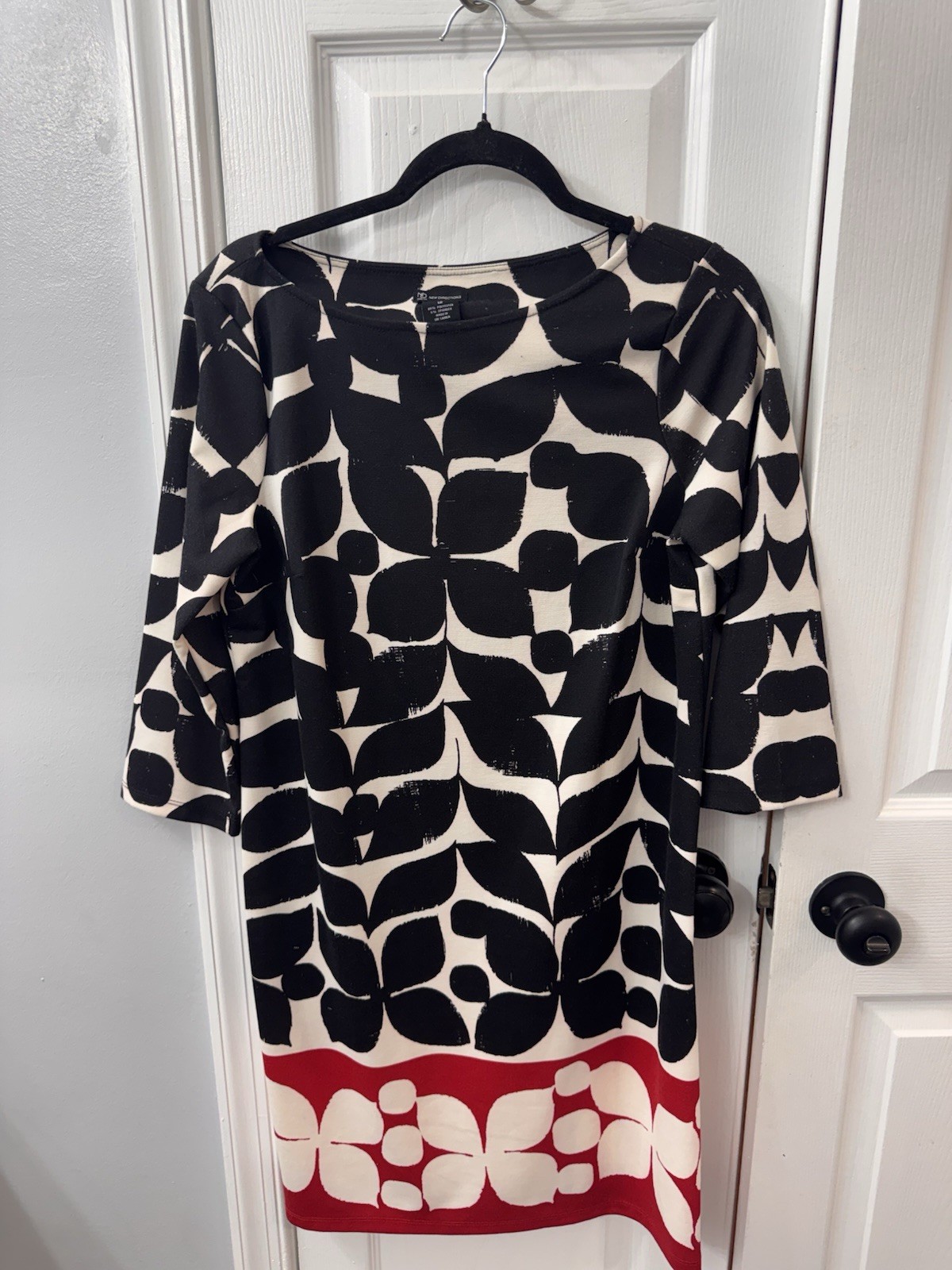 New Directions 3/4 Sleeve Bold Black Cream Red Print Dress Size 12