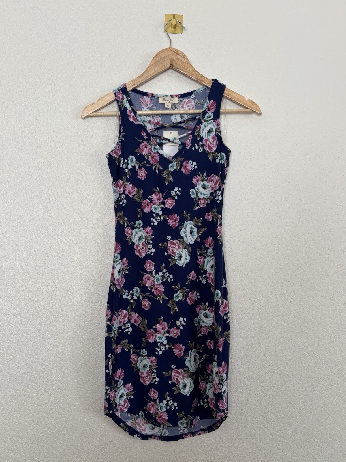 NWT Ultra Flirt Floral Dress XS Navy Pink Sleeveless Crisscross V Neck High Low