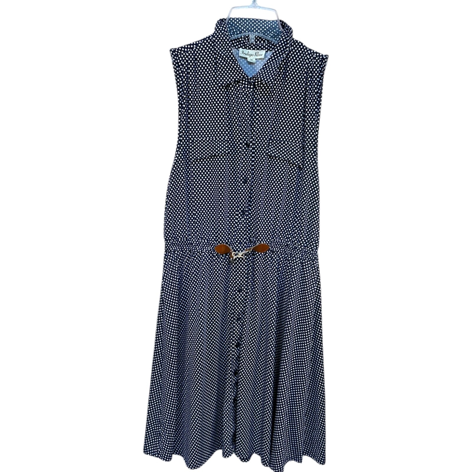 M Indigo Rose Peasant Mini Dress Collared Sleeveless Elastic Navy Blue White